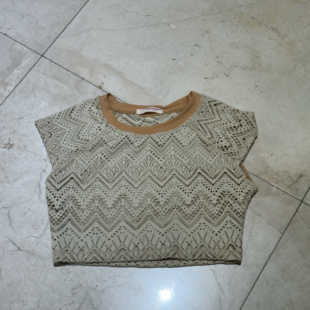 NWOT FP Beach Free People Crochet Crop Top | Boho Knit Tee Tan Beige-Size M